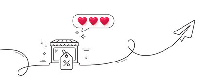 Market sale line icon. Continuous line with share plane. Wholesale store sign. Marketplace discounts symbol. Hearts rate review in speech bubble. Market sale single line ribbon. Vectorのイラスト素材
