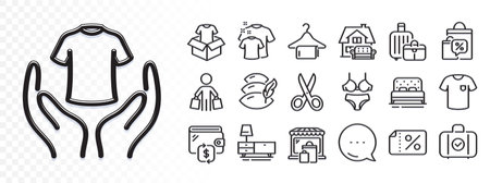 Furniture moving, Carry-on baggage and T-shirt line icons for web app. Glare of light effect. Message icon. Pack of Bed, Baggage, Market pictogram icons. Buyer, Pillow, Wallet signs. Vectorのイラスト素材