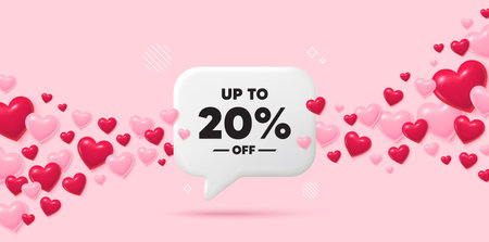 Discount tag chat speech bubble. 3d hearts pink background. Up to 20 percent off sale. Discount offer price sign. Special offer symbol. Save 20 percentages. Valentines day greeting card. Vectorのイラスト素材