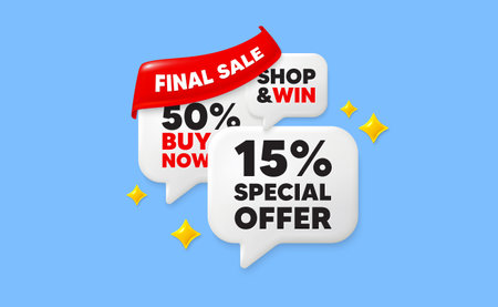 Discount speech bubbles. Final sale flag ribbon. 15 percent discount offer tag. Sale price promo sign. Special offer symbol. Discount chat bubbles with 3d sparkles. Vectorのイラスト素材