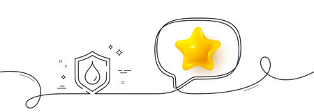 Water resistant line icon. Continuous line with 3d star. Waterproof shield sign. Drop protection symbol. 3d star in speech bubble. Waterproof single line ribbon. Loop curve pattern. Vectorのイラスト素材