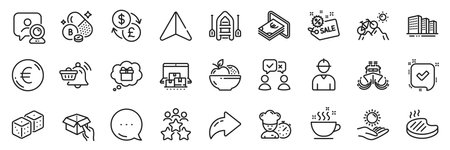 People voting, Sun protection and Dice line icons pack. Share, Message, Paper plane icons. Boat, Engineer, Gift dream web icon. Sale, Video conference, Currency exchange pictogram. Vectorのイラスト素材