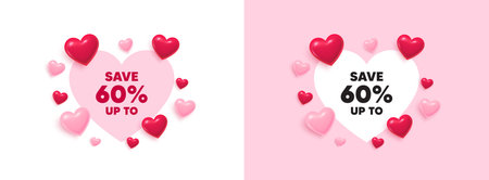 Discount heart shaped banner. 3d flying hearts. Save up to 60 percent. Discount Sale offer price...