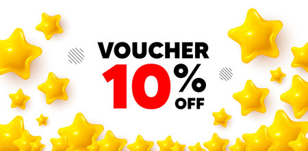 Coupon winner banner with 3d stars. Golden stars banner. Voucher 10 percent off sale. Special offer...