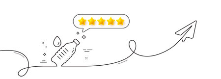 Water bottle line icon. Continuous line with share plane. Clean aqua drink sign. Liquid symbol. Five star rate review in speech bubble. Water bottle single line ribbon. Loop curve pattern. Vectorのイラスト素材