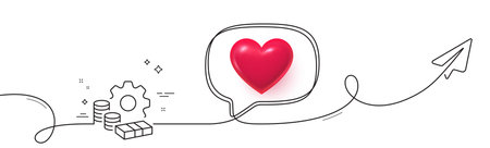Money line icon. Continuous line with share plane. Transfer payment sign. Bank account maintenance symbol. 3d heart in speech bubble. Money single line ribbon. Loop curve pattern. Vectorのイラスト素材
