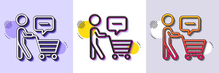 Buyer with shopping cart line icon. Halftone dotted pattern. Gradient icon with grain shadow. Customer think bubble sign. Supermarket client symbol. Line buyer think icon. Various designs. Vectorのイラスト素材