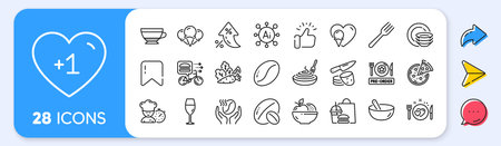 Fork, Dry cappuccino and Coffee beans line icons. Interest rate, AI generate, Inflation icons. Pack of Coffee, Pasta dish, Potato chips icon. Food delivery, Soy nut, Pizza pictogram. Vectorのイラスト素材