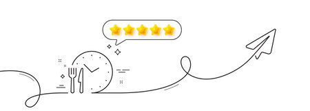 Food time line icon. Continuous line with share plane. Meal order clock sign. Restaurant opening hours symbol. Five star rate review in speech bubble. Food time single line ribbon. Vectorのイラスト素材