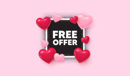 Free offer photo frame banner. Square picture love frame. Free offer tag. Special offer sign. Sale promotion symbol. 3d hearts balloons. Vectorのイラスト素材