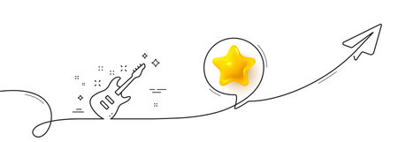 Electric guitar line icon. Continuous line with share plane. Music sign. Musical instrument symbol. 3d star in speech bubble. Electric Guitar single line ribbon. Loop curve pattern. Vectorのイラスト素材