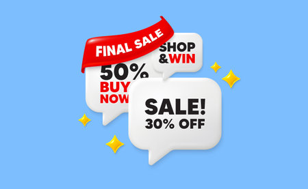 Sale speech bubbles. Final sale flag ribbon. Sale 30 percent off discount. Promotion price offer sign. Retail badge symbol. Discount chat bubbles with 3d sparkles. Vectorのイラスト素材