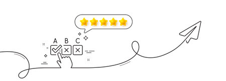Correct checkbox line icon. Continuous line with share plane. Select answer sign. Business test symbol. Five star rate review in speech bubble. Correct checkbox single line ribbon. Vectorのイラスト素材