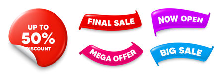 Discount tag sticker, Sale offer ribbons. Big sale, Now open. Up to 50 percent discount. Sale offer price sign. Special offer symbol. Save 50 percentages. Sticker badge. Flag ribbon banners. Vectorのイラスト素材