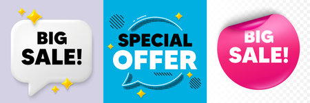 Big sale speech bubble. 3d sparkles chat, Paper sticker. Big Sale tag. Special offer price sign. Advertising Discounts symbol. Special offer bubble. Halftone dots pattern. Vectorのイラスト素材