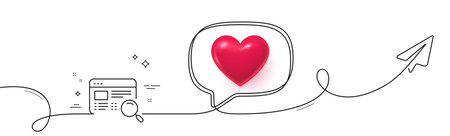 Website search line icon. Continuous line with share plane. Find internet page results sign. 3d heart in speech bubble. Website search single line ribbon. Loop curve pattern. Vectorのイラスト素材