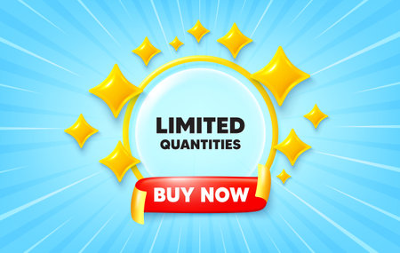 Limited quantities sunburst ray banner. Buy now flag ribbon. Limited quantities tag. Special offer sign. Sale promotion symbol. 3d stars glitter. Red ribbon tag. Discount offer. Vectorのイラスト素材