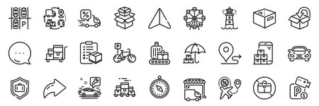 Travel compass, Parking place and Car line icons pack. Share, Message, Paper plane icons. No handbag, Luggage protect, Delivery discount web icon. Vectorのイラスト素材