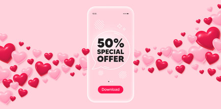 Discount glass mobile phone. 3d hearts pink background. 50 percent discount offer tag. Sale price promo sign. Special offer symbol. Transparent speech bubble banner. Flying hearts. Vectorのイラスト素材