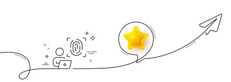 Computer fingerprint line icon. Continuous line with share plane. Finger print scan sign. Biometric identity symbol. 3d star in speech bubble. Computer fingerprint single line ribbon. Vectorのイラスト素材