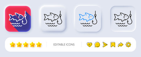 Fishing line icon. Neumorphic, Flat shadow, 3d buttons. Fish and hook sign. Catch seafood symbol. Line fishing icon. Social media icons. Vectorのイラスト素材