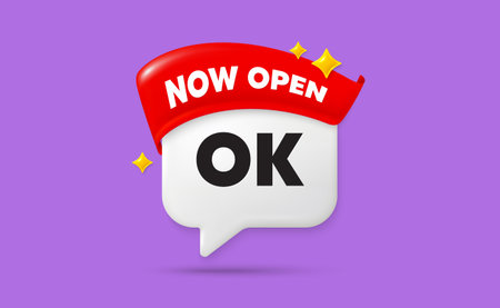 OK chat speech bubble. Now open flag ribbon. OK text tag. Approved okay message. Done or Good deal symbol. 3d sparkle stars speech bubble. Vectorのイラスト素材