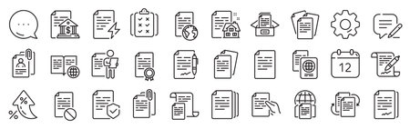 Documents line icons. Settings gear, Message, Inflation icons. Copy files, Contract agreement, Passport. CV interview, documents workflow, attachment clip icons. Vectorのイラスト素材