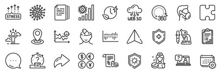 Medical shield, Faq and Location line icons pack. Share, Message, Paper plane icons. Nurse, Charging time, Depression treatment web icon. 360 degrees, Seo analysis, Sun protection pictogram. Vectorのイラスト素材