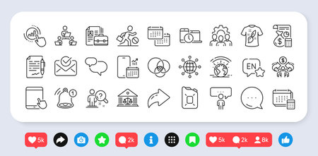T-shirt design, Court building and Canister oil line icons pack. Social media: share, comment, like...