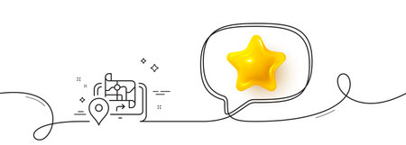 GPS map line icon. Continuous line with 3d star. Road path sign. Journey route device symbol. 3d star in speech bubble. Gps single line ribbon. Loop curve pattern. Vectorのイラスト素材