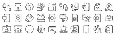 Mobile accessories line icons. Settings gear, Message, Inflation icons. Sim card, selfie stick and wireless charger set. Power bank battery, mobile headphones and usb type-c cable line icons. Vectorのイラスト素材