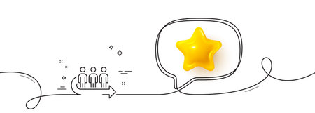 Queue line icon. Continuous line with 3d star. People waiting sign. Direction arrow symbol. 3d star...