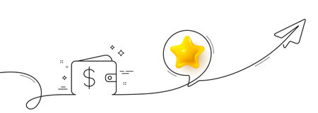 Shopping Wallet line icon. Continuous line with share plane. Dollar sign. USD Money pocket symbol. 3d star in speech bubble. Dollar wallet single line ribbon. Loop curve pattern. Vectorのイラスト素材