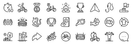 Laureate, Fish and Arena stadium line icons pack. Share, Message, Paper plane icons. Cyclist, Hook, Yoga web icon. Stop fishing, Sports arena, Bicycle pictogram. Vectorのイラスト素材