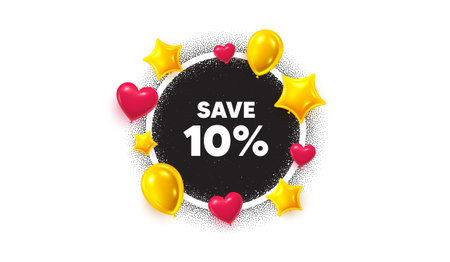 Discount picture frame banner. Circle photo frame. Save 10 percent off tag. Sale Discount offer price sign. Special offer symbol. 3d balloons as hearts, stars. Grain dots pattern. Vectorのイラスト素材