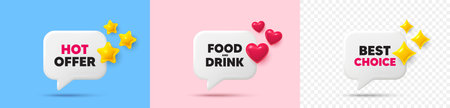 Food and Drink chat speech bubble. 3d stars, sparkles, hearts chat bubbles. Food and Drink tag. Kitchen food offer. Restaurant menu. Hot offer, best choice tag. Vectorのイラスト素材