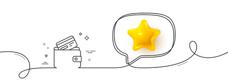 Wallet with Credit card line icon. Continuous line with 3d star. Cash money sign. Payment method symbol. 3d star in speech bubble. Debit card single line ribbon. Loop curve pattern. Vectorのイラスト素材