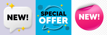 Arrivals speech bubble. 3d sparkles chat, Paper sticker. New tag. Special offer sign. New arrival symbol. Special offer bubble. Halftone dots pattern. Vectorのイラスト素材