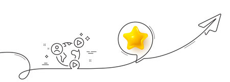Virtual conference line icon. Continuous line with share plane. Online training sign. Web presentation symbol. 3d star in speech bubble. Video conference single line ribbon. Loop curve pattern. Vectorのイラスト素材