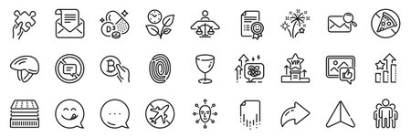 Leaves, Fireworks and Yummy smile line icons pack. Share, Message, Paper plane icons. Cholecalciferol, Glass, Prohibit food web icon. Vip podium, Stop talking, Mail newsletter pictogram. Vectorのイラスト素材