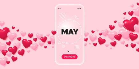 May glass mobile phone. 3d hearts pink background. May month icon. Event schedule May date. Meeting appointment planner. Transparent speech bubble banner. Flying hearts. Vectorのイラスト素材