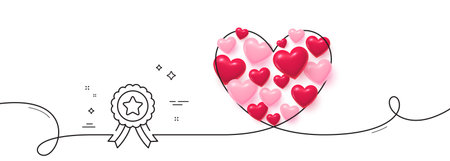 Winner ribbon line icon. Continuous line big heart. Award medal sign. Best achievement symbol. 3d hearts in heart shaped loop. Winner ribbon single line ribbon. Loop curve pattern. Vectorのイラスト素材