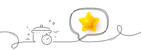 Boiling pan line icon. Continuous line with 3d star. Cooking timer sign. Food preparation symbol. 3d star in speech bubble. Boiling pan single line ribbon. Loop curve pattern. Vectorのイラスト素材