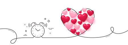 Alarm clock line icon. Continuous line big heart. Time sign. Watch symbol. 3d hearts in heart shaped loop. Alarm clock single line ribbon. Loop curve pattern. Vectorのイラスト素材