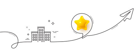 Company house line icon. Continuous line with share plane. Building sign. 3d star in speech bubble. Company single line ribbon. Loop curve pattern. Vectorのイラスト素材
