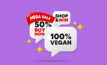 Vegan food speech bubbles. Mega sale flag ribbon. 100 percent vegan tag. Organic bio food sign....
