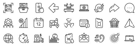 Map, Wifi and Portable computer line icons pack. Share, Message, Paper plane icons. Online shopping, Search, Team work web icon. Chemical hazard, Qr code, Co2 gas pictogram. Vectorのイラスト素材