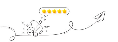 Calcium mineral line icon. Continuous line with share plane. Chemical element Ca sign. Capsule or pill symbol. Five star rate review in speech bubble. Calcium mineral single line ribbon. Vectorのイラスト素材