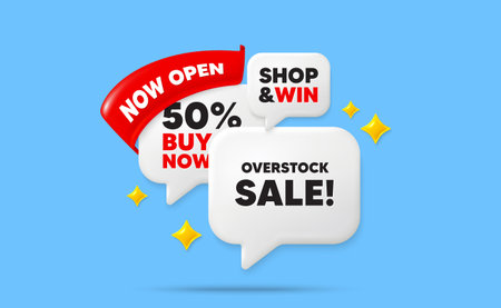 Overstock sale speech bubbles. Now open flag ribbon. Overstock sale tag. Special offer price sign. Advertising discounts symbol. Discount chat bubbles with 3d sparkles. Vectorのイラスト素材