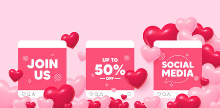 Discount tag social media post. Join us love template. Up to 50 percent off sale. Discount offer price sign. Special offer symbol. Save 50 percentages. Like, comment and share icons. Vectorのイラスト素材